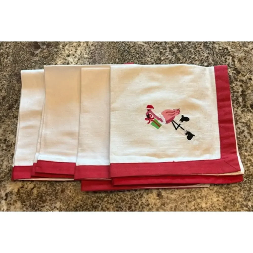 Set Of 4 FLAMINGO Santa Christmas Embroidered White Napkins Cotton Linen NWT New